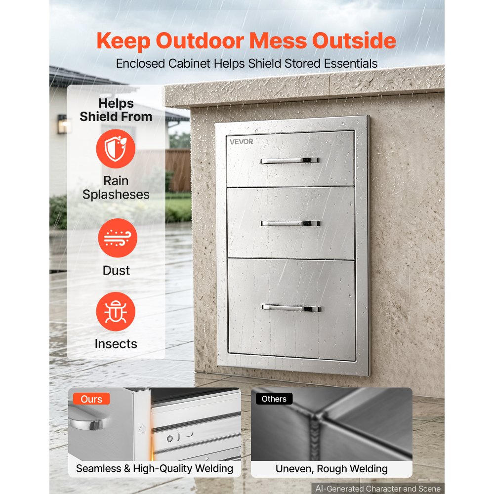 VEVOR Outdoor Kitchen Drawers, 52.1 x 57.1 x 36.8 cm (WxHxD), 3-Tier Access, for BBQ Island Storage, Patio Bars and Grill Station with Handle, Built-In BBQ Island Drawers Organize Cookware Accessories