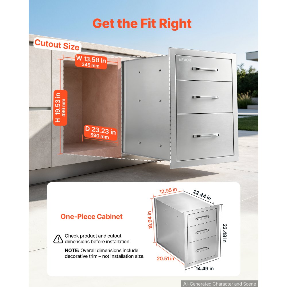 VEVOR Outdoor Kitchen Drawers, 52.1 x 57.1 x 36.8 cm (WxHxD), 3-Tier Access, for BBQ Island Storage, Patio Bars and Grill Station with Handle, Built-In BBQ Island Drawers Organize Cookware Accessories