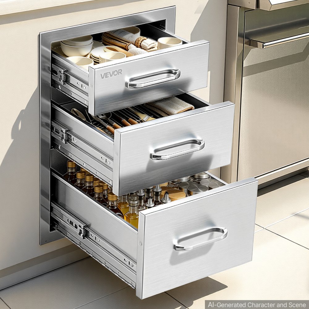 VEVOR Outdoor Kitchen Drawers, 52.1 x 57.1 x 36.8 cm (WxHxD), 3-Tier Access, for BBQ Island Storage, Patio Bars and Grill Station with Handle, Built-In BBQ Island Drawers Organize Cookware Accessories