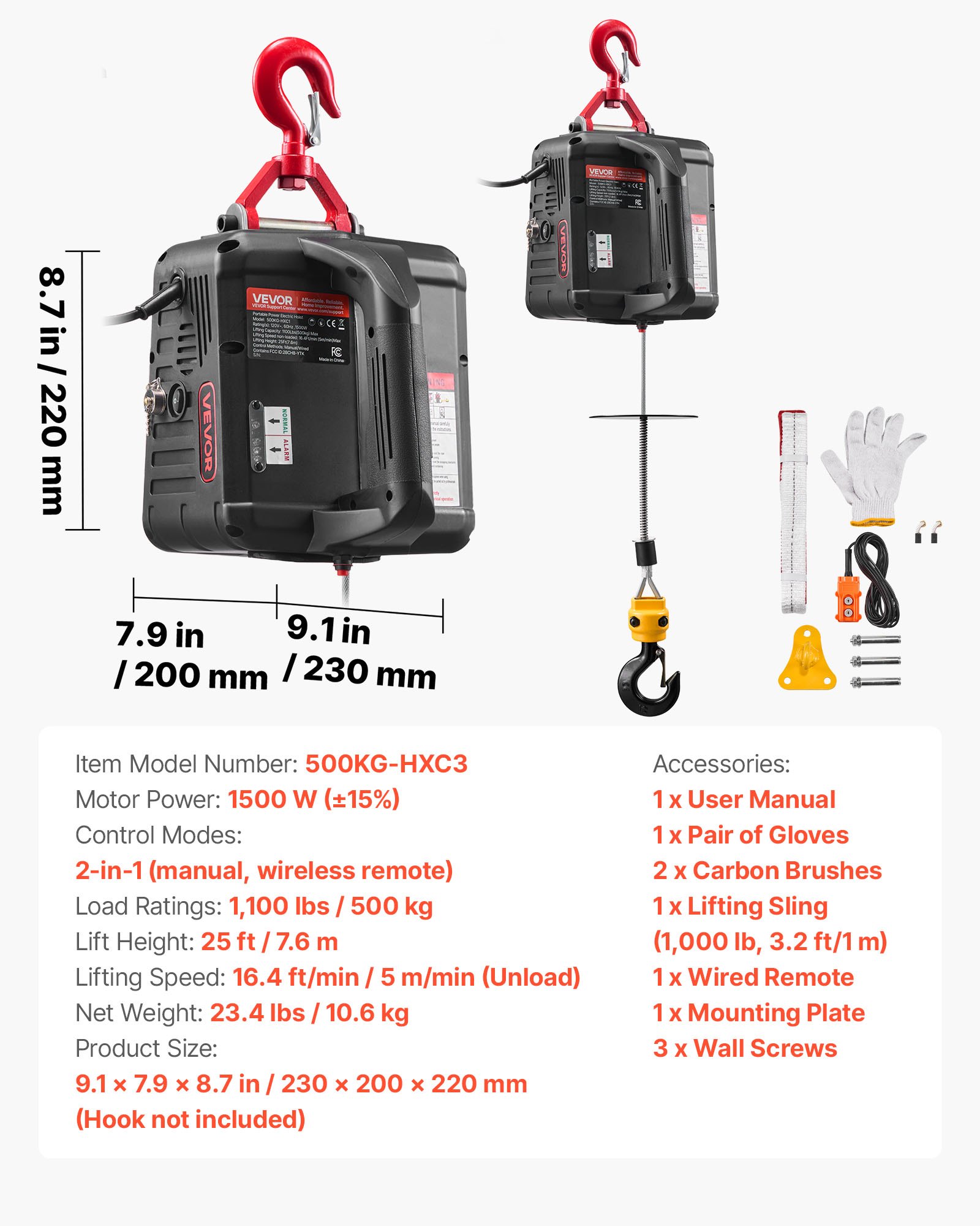 VEVOR 2-in-1 Electric Hoist Winch, 500 kg Capacity, 1500W Portable Power Winch Crane, 7.6 m Lifting Height, 5 m/min with Manual and Wired Remote Control for Factory, Warehouss, Garage