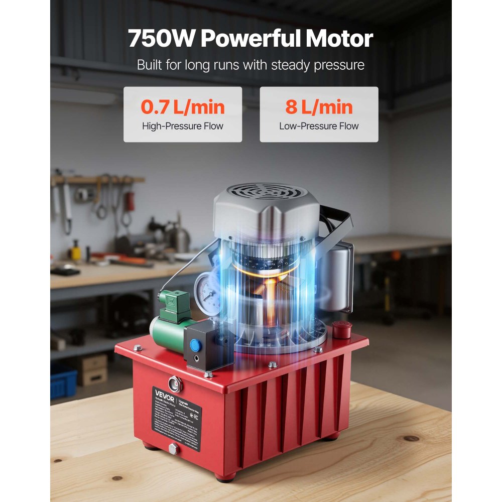 VEVOR Electric Driven Hydraulic Pump, 750W 10,000 PSI, Single Acting Hydraulic Pump Power Pack Unit, Solenoid Valve with Pedal Switch, 2.1 Gal / 8L, for Punching, Bending, Single Acting Cylinders