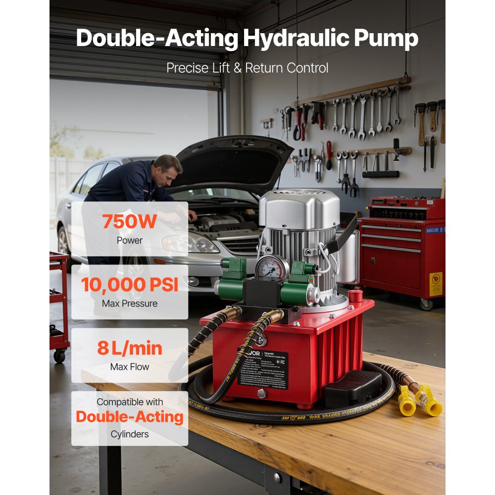 VEVOR Electric Driven Hydraulic Pump, 750W 10,000 PSI, 120V Double Acting Hydraulic Pump Power Pack Unit, Solenoid Valve with Pedal Switch, 2.1 Gal / 8L, for Punching, Bending, Double Acting Cylinders