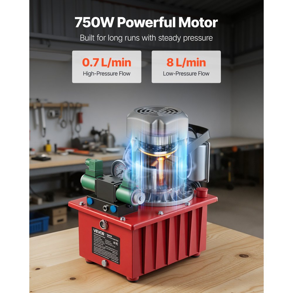 VEVOR Electric Driven Hydraulic Pump, 750W 10,000 PSI, 120V Double Acting Hydraulic Pump Power Pack Unit, Solenoid Valve with Pedal Switch, 2.1 Gal / 8L, for Punching, Bending, Double Acting Cylinders