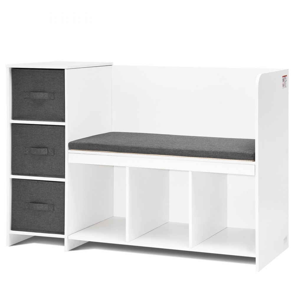 VEVOR Kids Reading Nook Bench, Toddler Bookshelf and Bookcase with Detachable Seat Cushion, 6-Cubby Storage Organizer Bench with 3 Drawers, Ideal for Playroom, Bedroom, Living Room or Entryway, White
