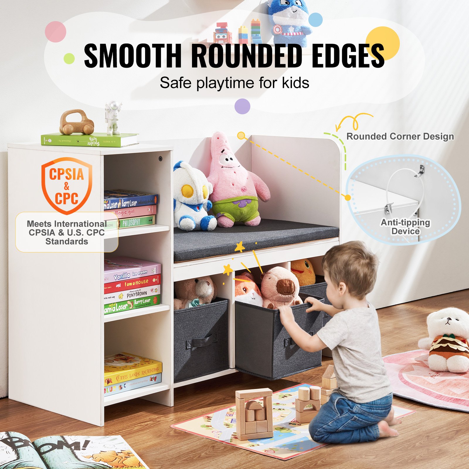 VEVOR Kids Reading Nook Bench, Toddler Bookshelf and Bookcase with Detachable Seat Cushion, 6-Cubby Storage Organizer Bench with 3 Drawers, Ideal for Playroom, Bedroom, Living Room or Entryway, White