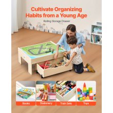 Train Table 100 Pieces Wooden Kids Activity Table with Rolling Storage Drawer