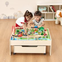 Train Table 100 Pieces Wooden Kids Activity Table with Rolling Storage Drawer