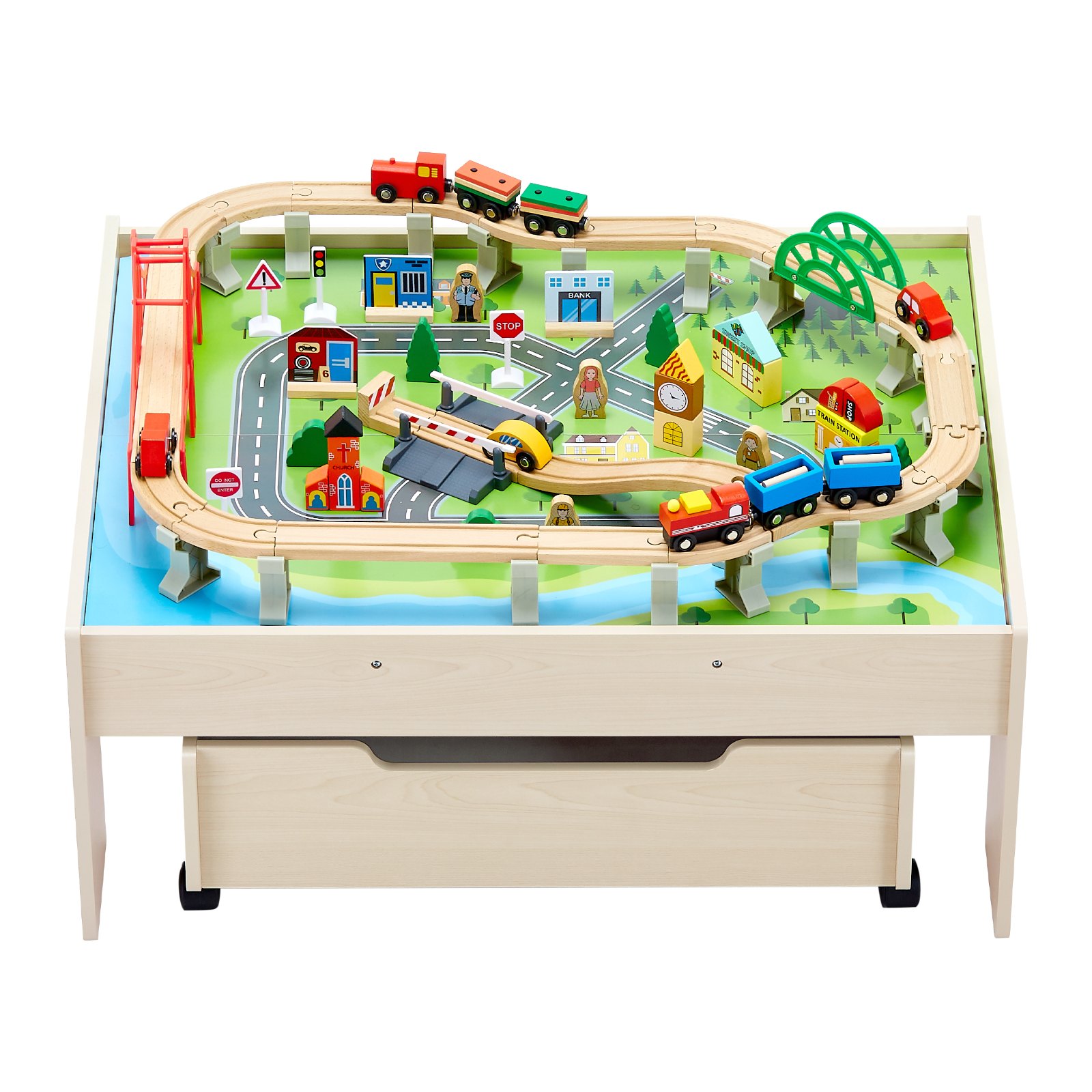 VEVOR Train Table, 100 Multicolor Pieces Wooden Kids Activity Table with Rolling Storage Drawer, 3-in-1 Wooden Train Set for Gaming, Drawing, Reading, Eating, Creative Toy Set for Kids Ages 3+