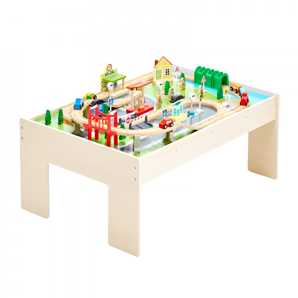 Mesa de trem VEVOR, 84 peças multicoloridas de madeira, mesa de atividades para crianças com compartimento de armazenamento dobrável, conjunto de trem de madeira 3 em 1 para jogos, desenho, leitura, alimentação, conjunto de brinquedos criativos para crianças a partir de 3 anos