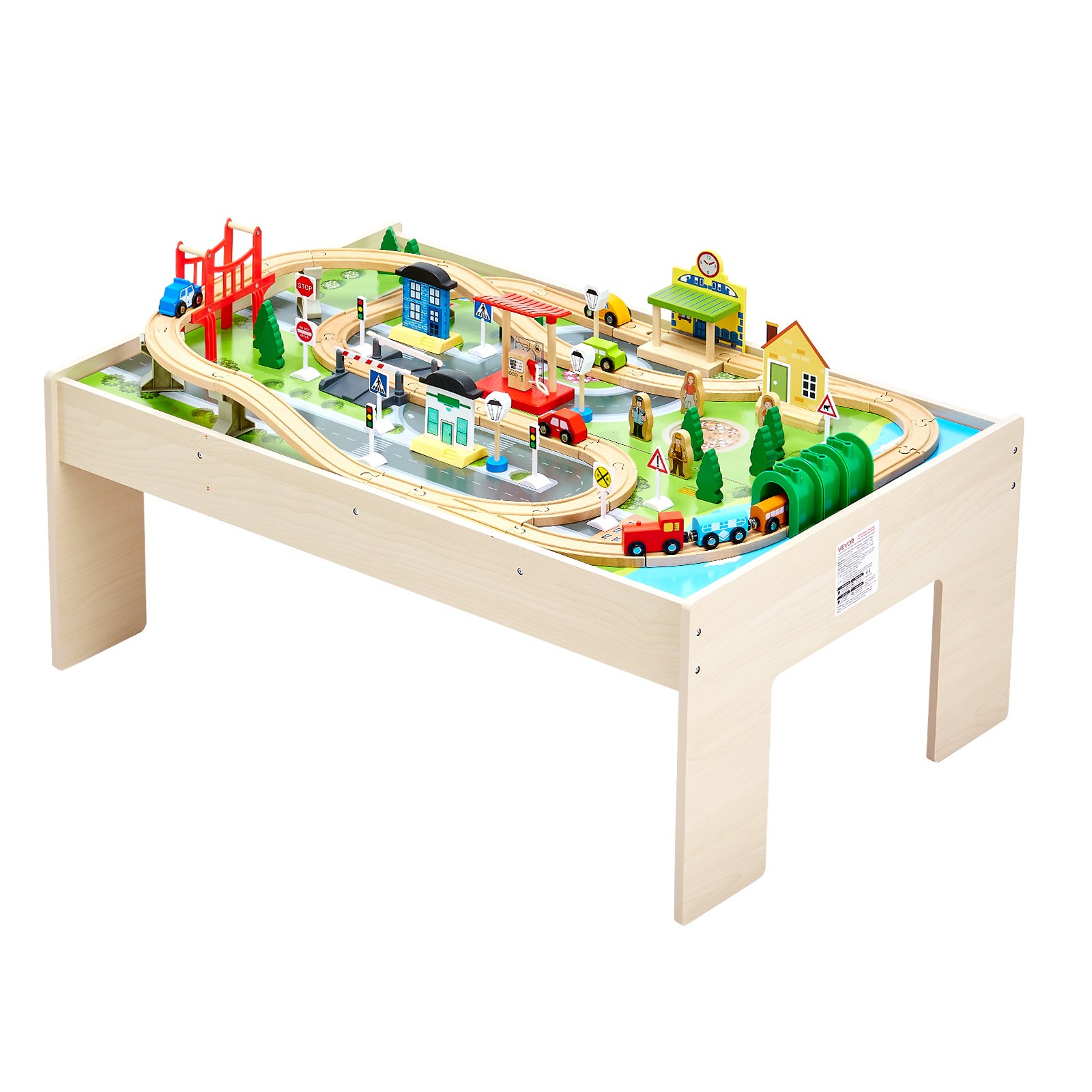 Mesa de trem VEVOR, 84 peças multicoloridas de madeira, mesa de atividades para crianças com compartimento de armazenamento dobrável, conjunto de trem de madeira 3 em 1 para jogos, desenho, leitura, alimentação, conjunto de brinquedos criativos para crianças a partir de 3 anos