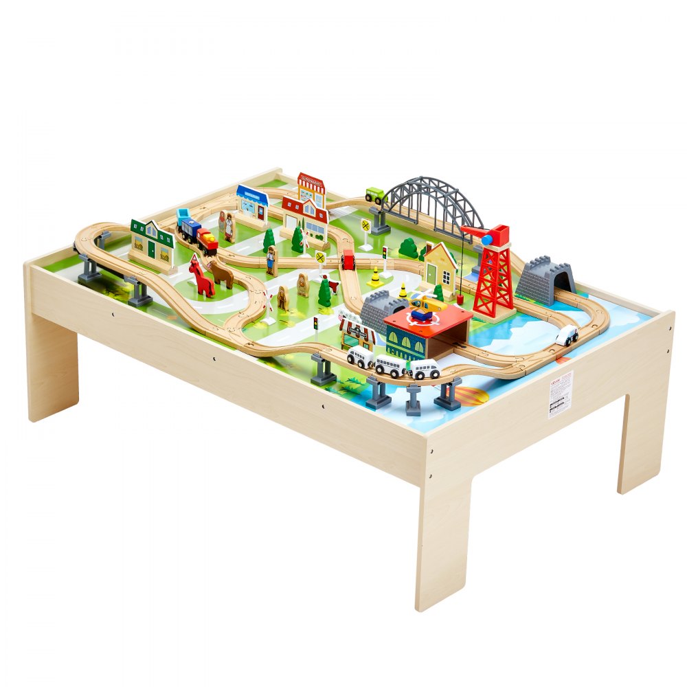 VEVOR Train Table, 120 Multicolor Pieces Wooden Kids Activity Table with Collapsible Storage Bin, 3-in-1 Wooden Train Set for Gaming, Drawing, Reading, Eating, Creative Toy Set for Kids Ages 3+