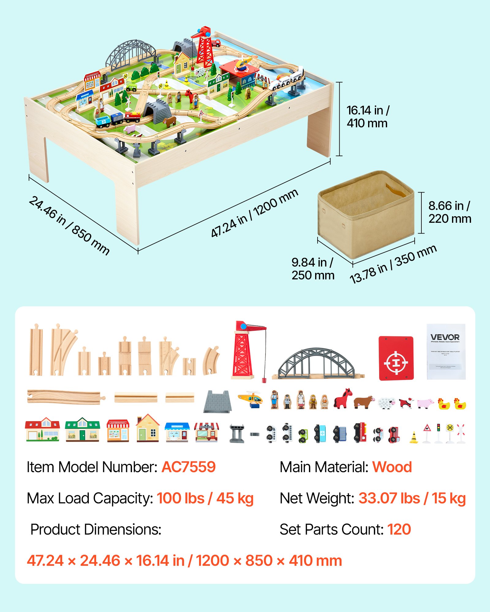 VEVOR Train Table, 120 Multicolor Pieces Wooden Kids Activity Table with Collapsible Storage Bin, 3-in-1 Wooden Train Set for Gaming, Drawing, Reading, Eating, Creative Toy Set for Kids Ages 3+