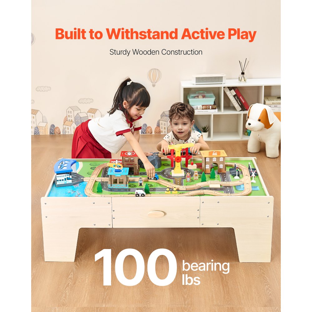 VEVOR Train Table, 62 Multicolor Pieces Wooden Kids Activity Table with Large Storage Drawer, 3-in-1 Wooden Train Set for Playing, Drawing, Reading, Eating, Creative Toy Set for Kids Ages 3+