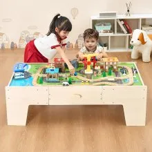Train Table 62 Pieces Wooden Kids Activity Table with Large Storage Drawer