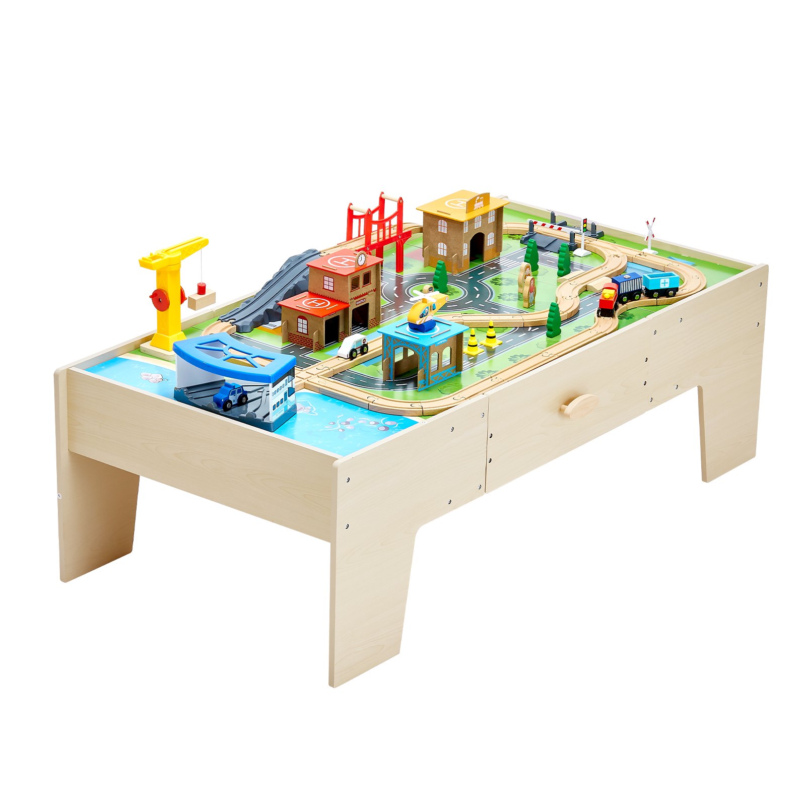 VEVOR Train Table, 62 Multicolor Pieces Wooden Kids Activity Table with Large Storage Drawer, 3-in-1 Wooden Train Set for Playing, Drawing, Reading, Eating, Creative Toy Set for Kids Ages 3+