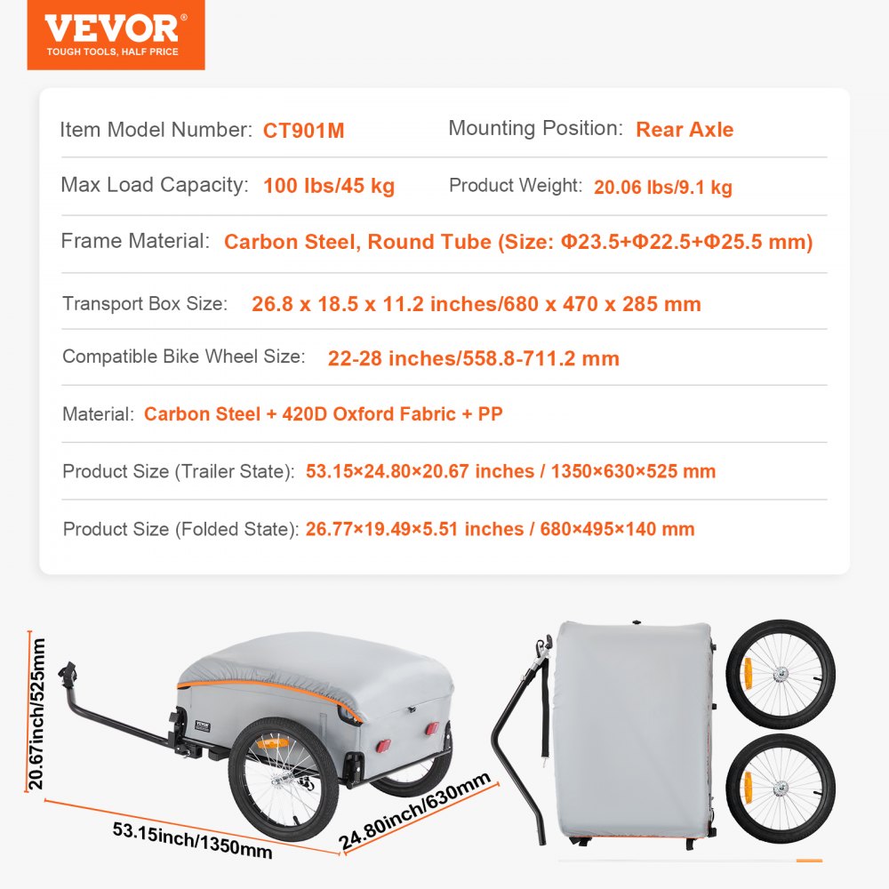 VEVOR Bike Cargo Trailer, 88/100/160 lbs Load Capacity, Heavy-Duty Bicycle Wagon Cart, Foldable Compact Storage with Universal Hitch