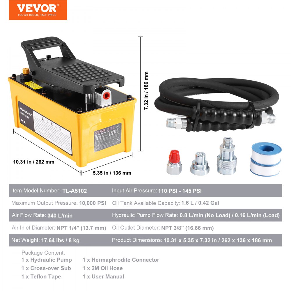 VEVOR 10,000PSI Air Hydraulic Pump, 1.6 L Reservoir, NPT 3/8 In Oil Outlet, NPT 1/4 In Inlet, Aluminum Air Actuated Treadle Foot Pump with Hose, for Automobile Repair Frame Machine & Hydraulic Press