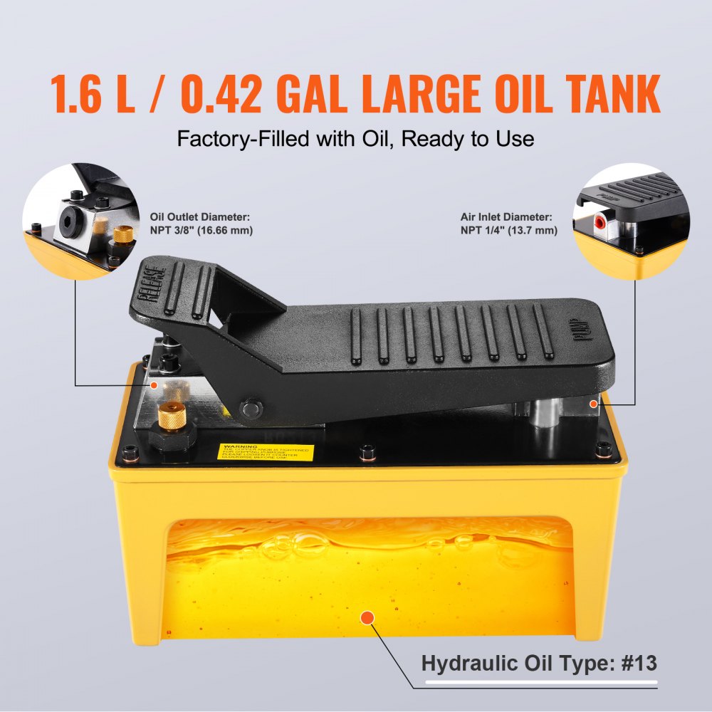 VEVOR 689 bar(10,000PSI) Air Hydraulic Pump, 1.6 L(0.42 Gal) Reservoir, NPT 9.5mm(3/8 In) Oil Outlet, NPT 6.4mm(1/4 In) Inlet, Aluminum Shell Air Actuated Treadle Foot Pump, for Automobile Repair Frame Machine & Hydraulic Press