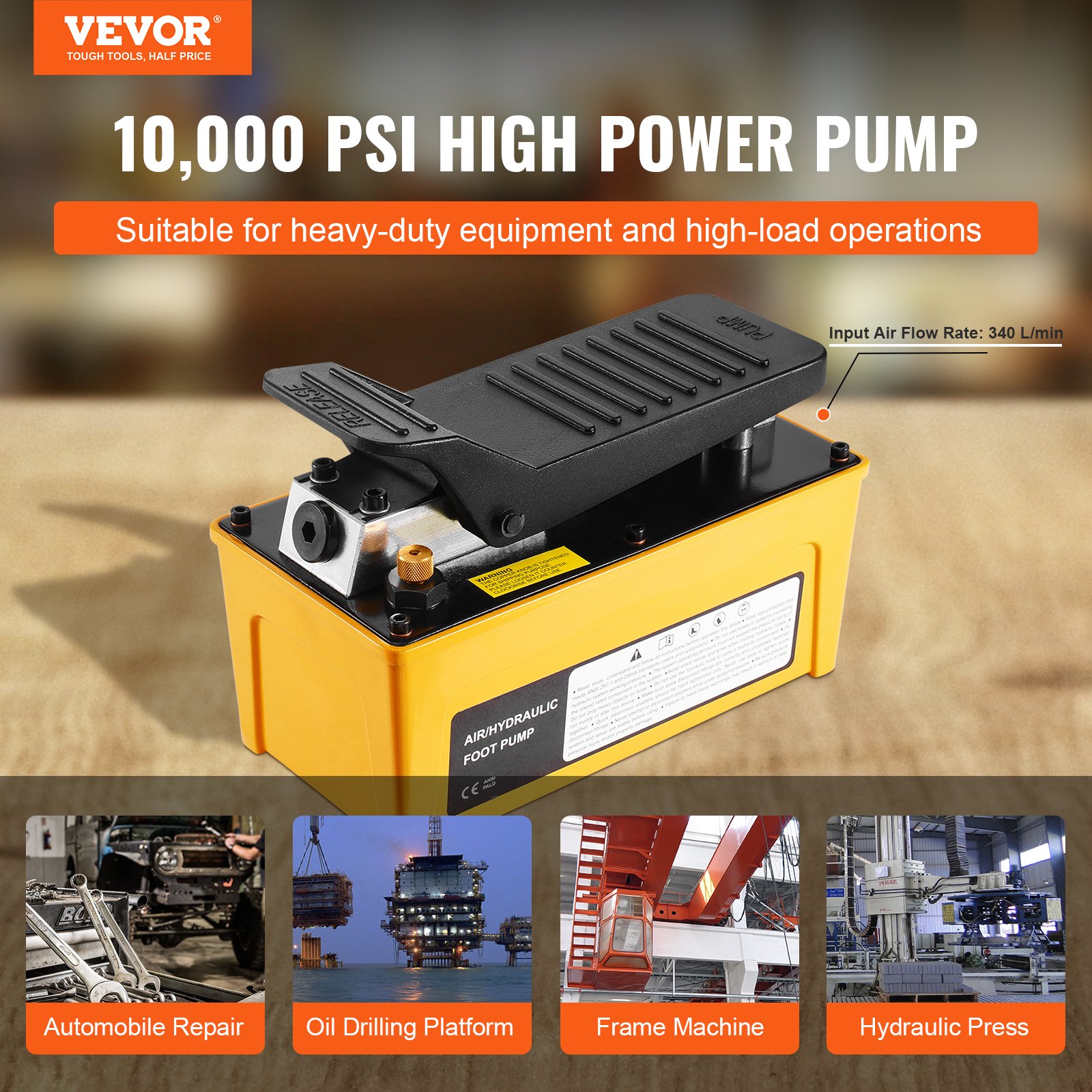 VEVOR 689 bar(10,000PSI) Air Hydraulic Pump, 1.6 L(0.42 Gal) Reservoir, NPT 9.5mm(3/8 In) Oil Outlet, NPT 6.4mm(1/4 In) Inlet, Aluminum Shell Air Actuated Treadle Foot Pump, for Automobile Repair Frame Machine & Hydraulic Press