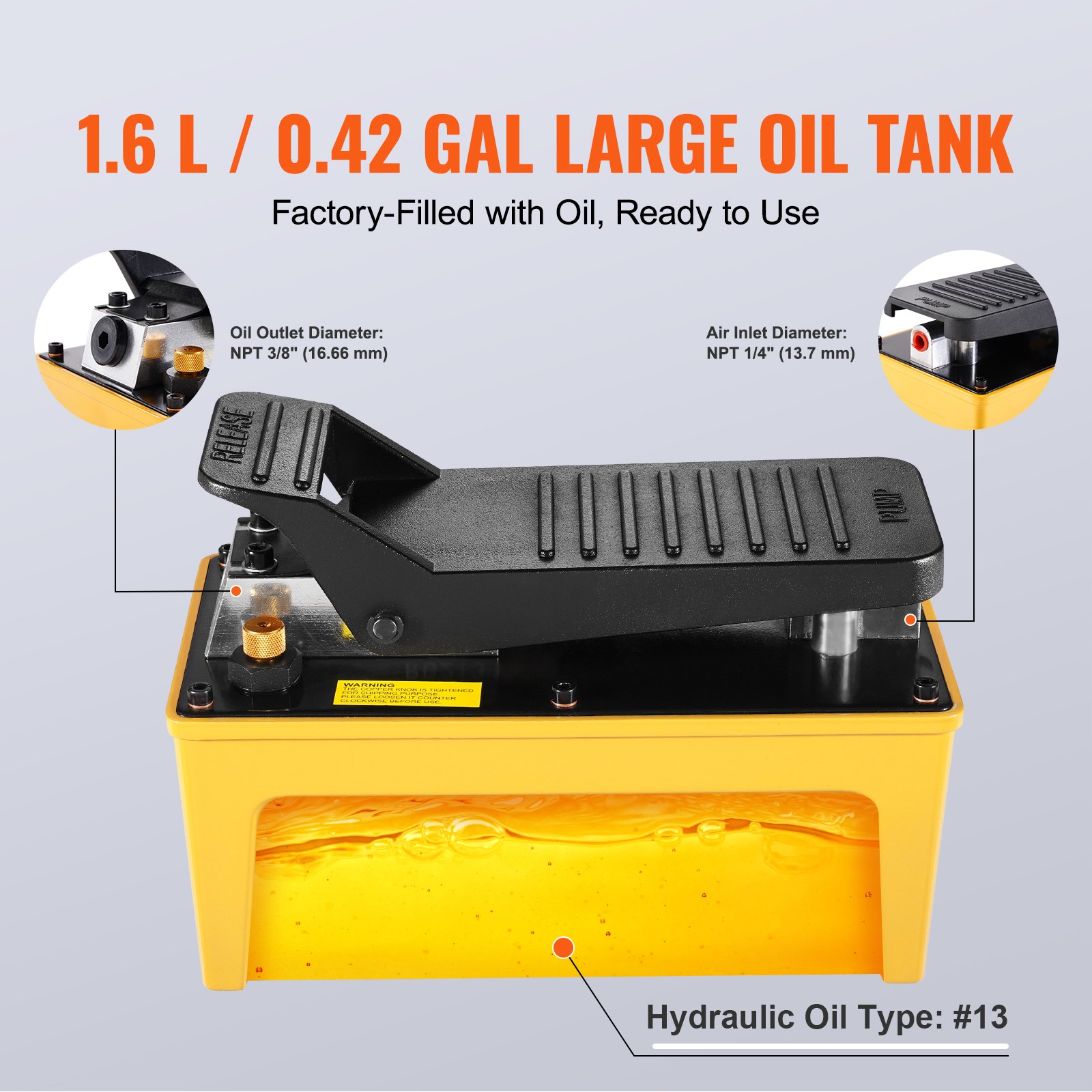 VEVOR 689 bar(10,000PSI) Air Hydraulic Pump, 1.6 L(0.42 Gal) Reservoir, NPT 9.5mm(3/8 In) Oil Outlet, NPT 6.4mm(1/4 In) Inlet, Aluminum Shell Air Actuated Treadle Foot Pump, for Automobile Repair Frame Machine & Hydraulic Press