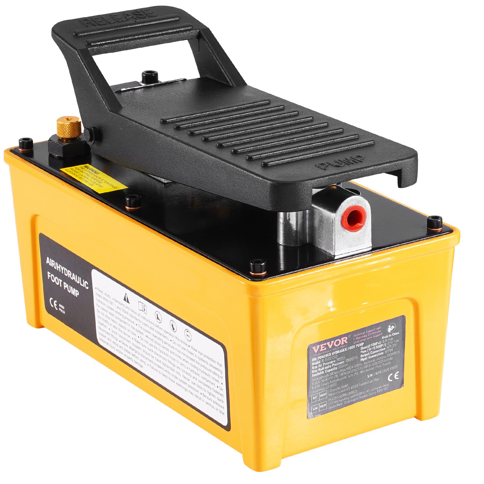 VEVOR 689 bar(10,000PSI) Air Hydraulic Pump, 1.6 L(0.42 Gal) Reservoir, NPT 9.5mm(3/8 In) Oil Outlet, NPT 6.4mm(1/4 In) Inlet, Aluminum Shell Air Actuated Treadle Foot Pump, for Automobile Repair Frame Machine & Hydraulic Press