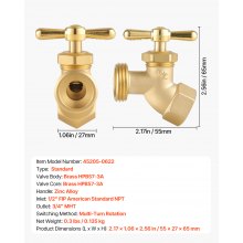Hose Bibb 1/2" FIP x 3/4" MHT Connection Brass Outdoor Water Faucet Spigot