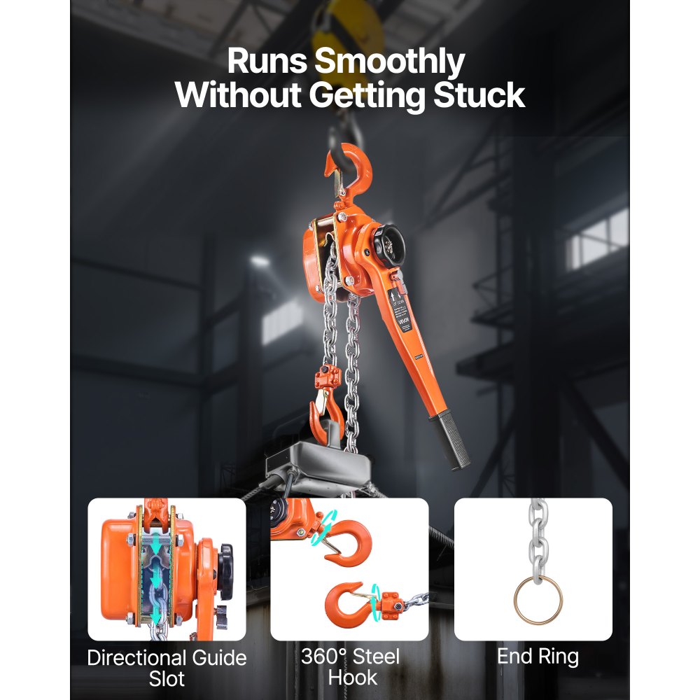 VEVOR Manual Lever Chain Hoist, 1-1/2T 1500KG Capacity Heavy Duty Come Along, 6M Lift G80 Alloy Steel Chain With Dual Pawl Mechanical Brake, 360° Rotating Hooks, for Warehouse Construction Garage