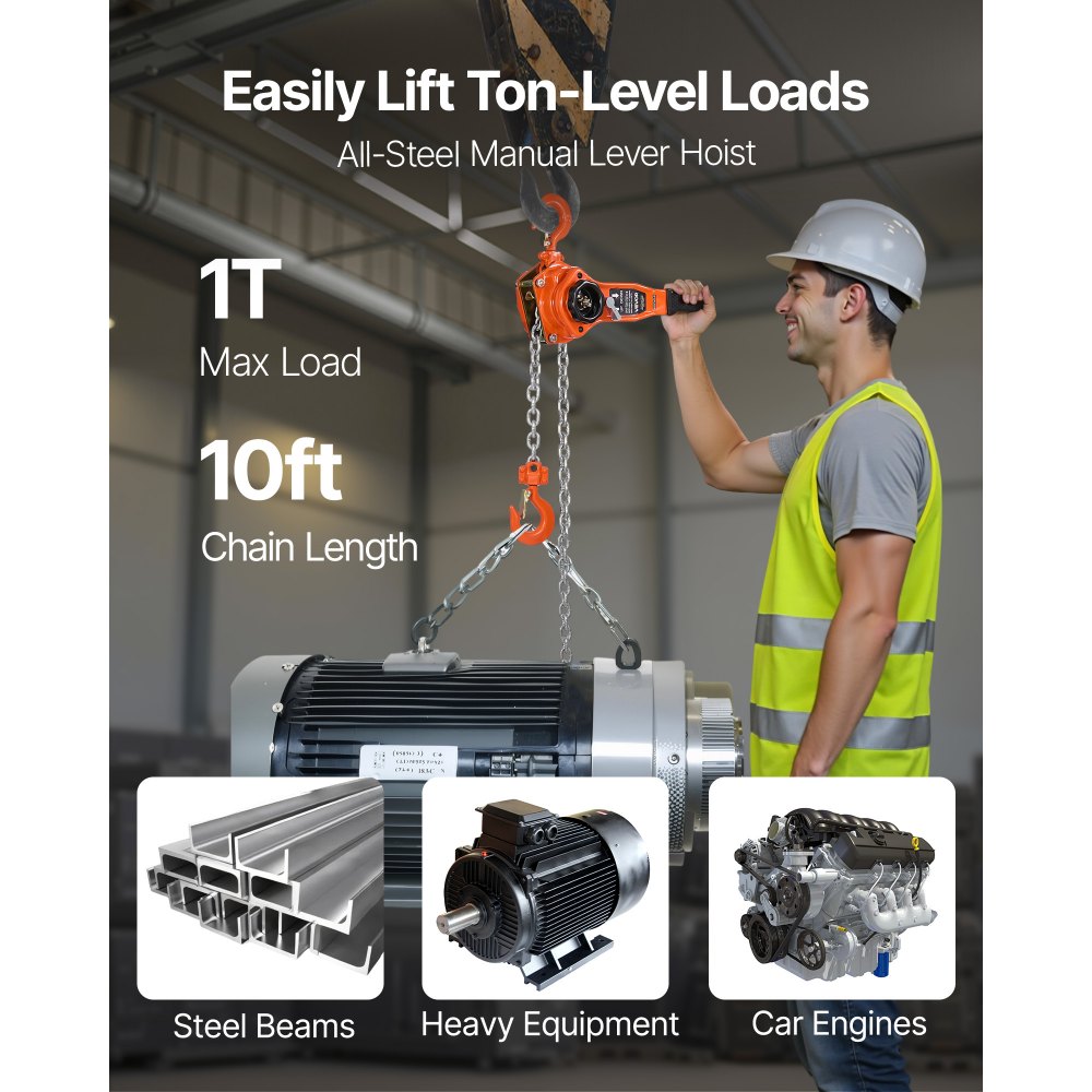 VEVOR Manual Lever Chain Hoist, 1T 1000KG Capacity Heavy Duty Come Along, 3M Lift G80 Alloy Steel Chain With Dual Pawl Mechanical Brake, 360° Rotating Hooks, for Warehouse Construction Garage