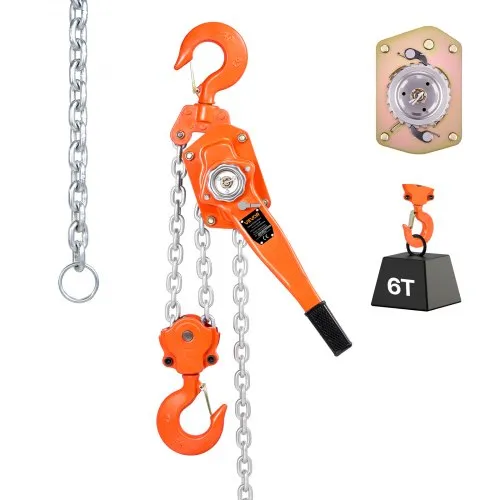 VEVOR Manual Lever Chain Hoist, 6T 6000KG Capacity Heavy Duty Come Along, 6M Lift G80 Alloy Steel Chain With Dual Pawl Mechanical Brake, 360° Rotating Hooks, for Warehouse Construction Garage