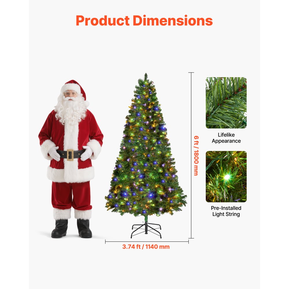 VEVOR Christmas Tree, 6ft Prelit Artificial Xmas Tree, Full Holiday Decor Trees with 330 Colorful LED Lights, 11 Lighting Modes, 1250 Branch Tips & Sturdy Metal Base for Home Party Office Decoration