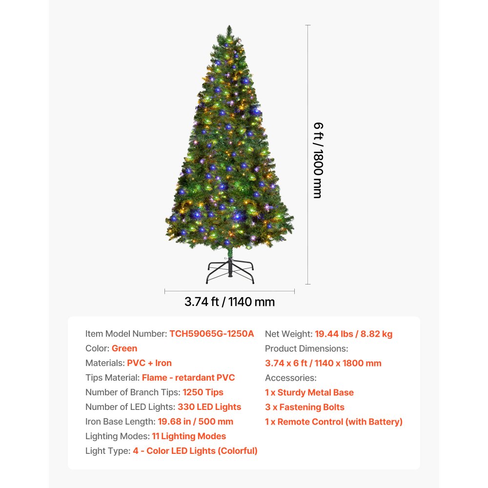 VEVOR Christmas Tree, 6ft Prelit Artificial Xmas Tree, Full Holiday Decor Trees with 330 Colorful LED Lights, 11 Lighting Modes, 1250 Branch Tips & Sturdy Metal Base for Home Party Office Decoration