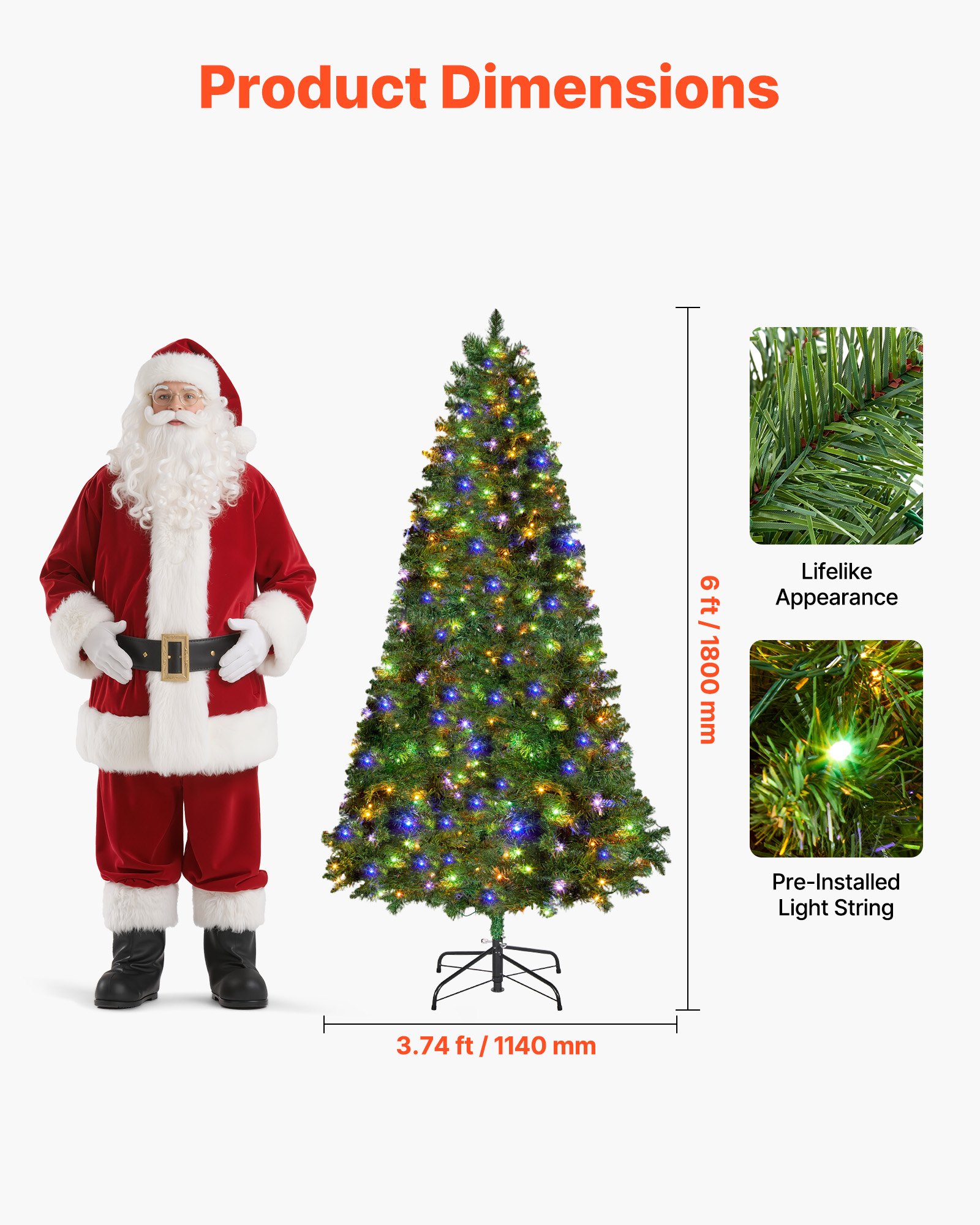 VEVOR Christmas Tree, 6ft Prelit Artificial Xmas Tree, Full Holiday Decor Trees with 330 Colorful LED Lights, 11 Lighting Modes, 1250 Branch Tips & Sturdy Metal Base for Home Party Office Decoration