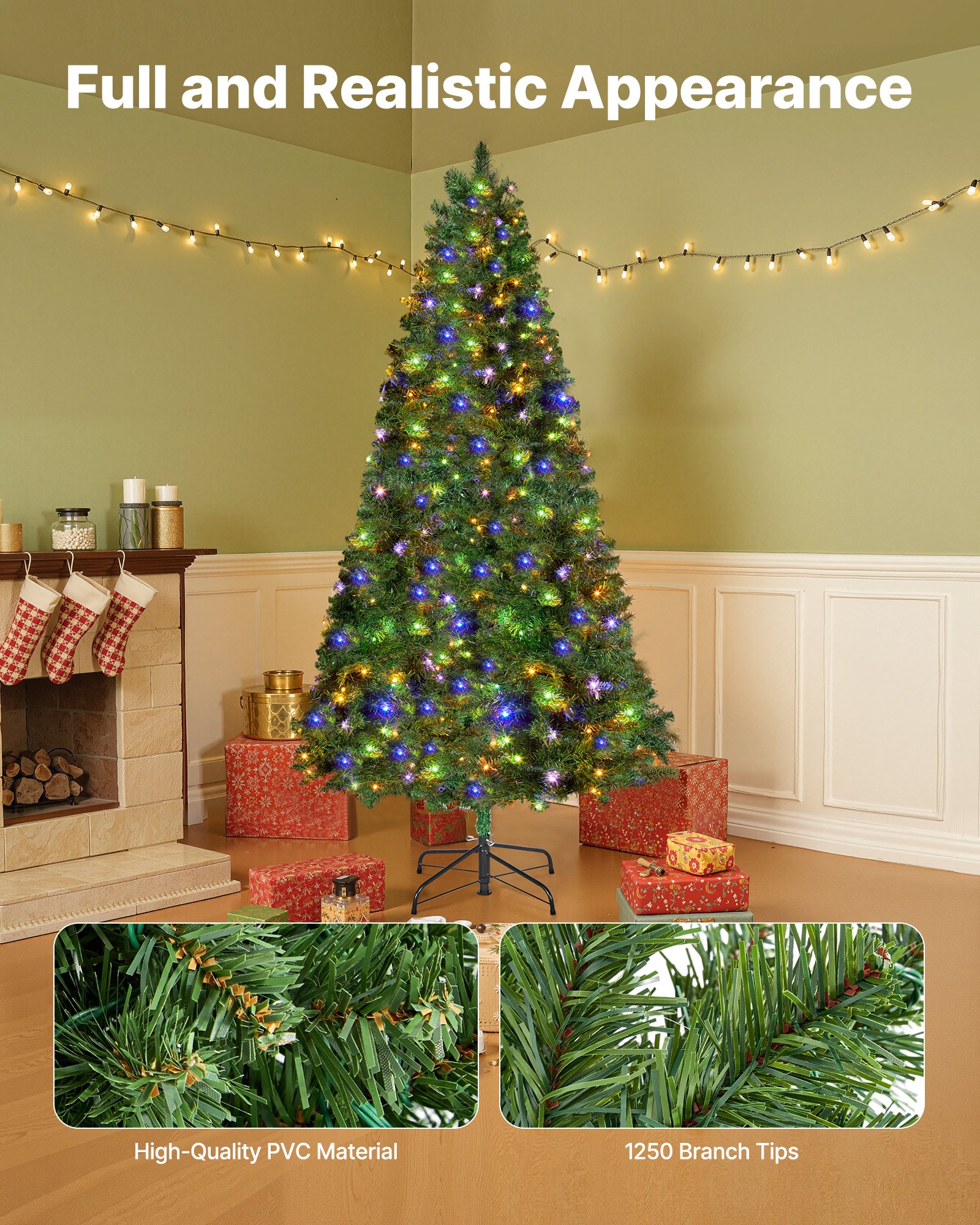 VEVOR Christmas Tree, 6ft Prelit Artificial Xmas Tree, Full Holiday Decor Trees with 330 Colorful LED Lights, 11 Lighting Modes, 1250 Branch Tips & Sturdy Metal Base for Home Party Office Decoration
