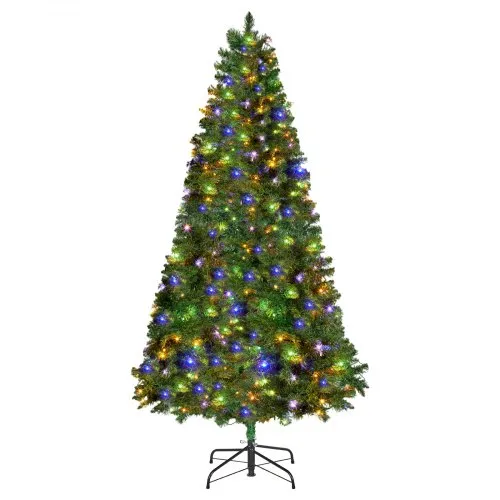 VEVOR Christmas Tree, 7.2ft Prelit Artificial Xmas Tree, Full Holiday Decor Trees with 470 Colorful LED Lights, 11 Lighting Modes, 1346 Branch Tips & Sturdy Metal Base for Home Party Office Decoration