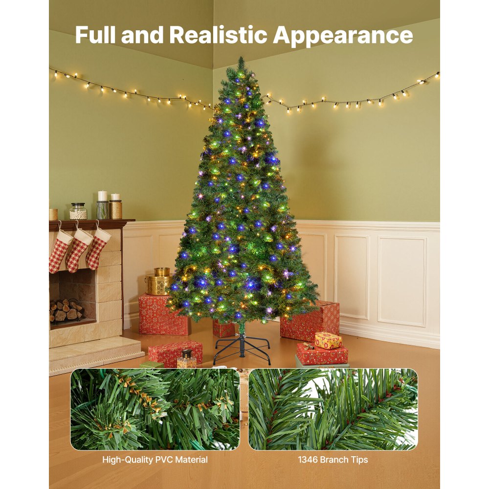 VEVOR Christmas Tree, 7.2ft Prelit Artificial Xmas Tree, Full Holiday Decor Trees with 470 Colorful LED Lights, 11 Lighting Modes, 1346 Branch Tips & Sturdy Metal Base for Home Party Office Decoration