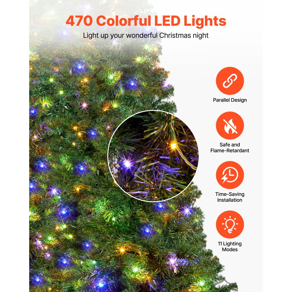 VEVOR Christmas Tree, 7.2ft Prelit Artificial Xmas Tree, Full Holiday Decor Trees with 470 Colorful LED Lights, 11 Lighting Modes, 1346 Branch Tips & Sturdy Metal Base for Home Party Office Decoration