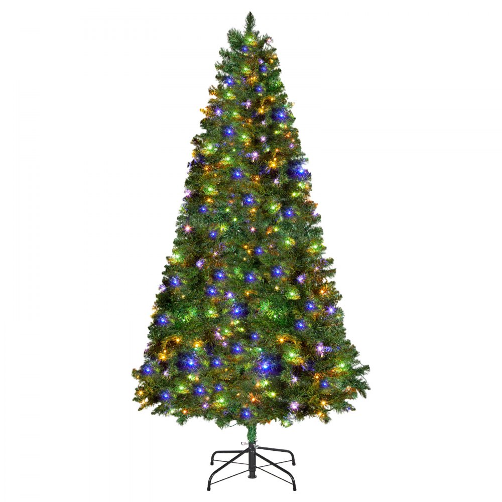 VEVOR Christmas Tree, 7.2ft Prelit Artificial Xmas Tree, Full Holiday Decor Trees with 470 Colorful LED Lights, 11 Lighting Modes, 1346 Branch Tips & Sturdy Metal Base for Home Party Office Decoration