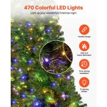 VEVOR Christmas Tree, 7.2ft Prelit Artificial Xmas Tree, Full Holiday Decor Trees with 470 Colorful LED Lights, 11 Lighting Modes, 1346 Branch Tips & Sturdy Metal Base for Home Party Office Decoration