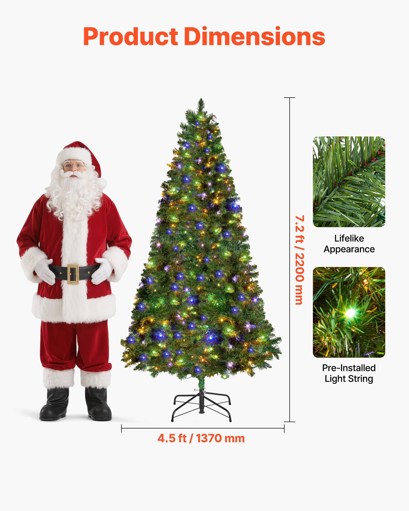 VEVOR Christmas Tree, 7.2ft Prelit Artificial Xmas Tree, Full Holiday Decor Trees with 470 Colorful LED Lights, 11 Lighting Modes, 1346 Branch Tips & Sturdy Metal Base for Home Party Office Decoration