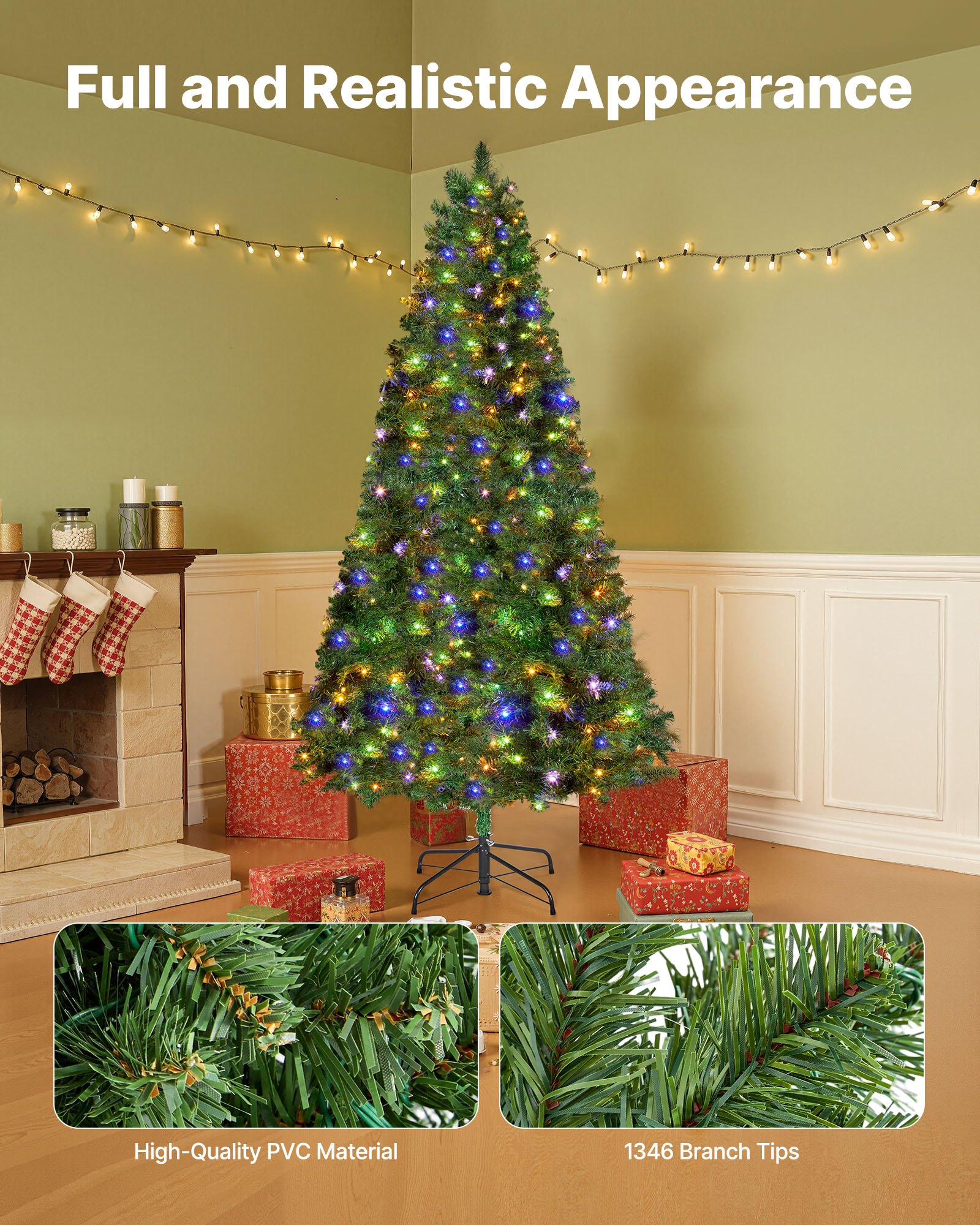 VEVOR Christmas Tree, 7.2ft Prelit Artificial Xmas Tree, Full Holiday Decor Trees with 470 Colorful LED Lights, 11 Lighting Modes, 1346 Branch Tips & Sturdy Metal Base for Home Party Office Decoration