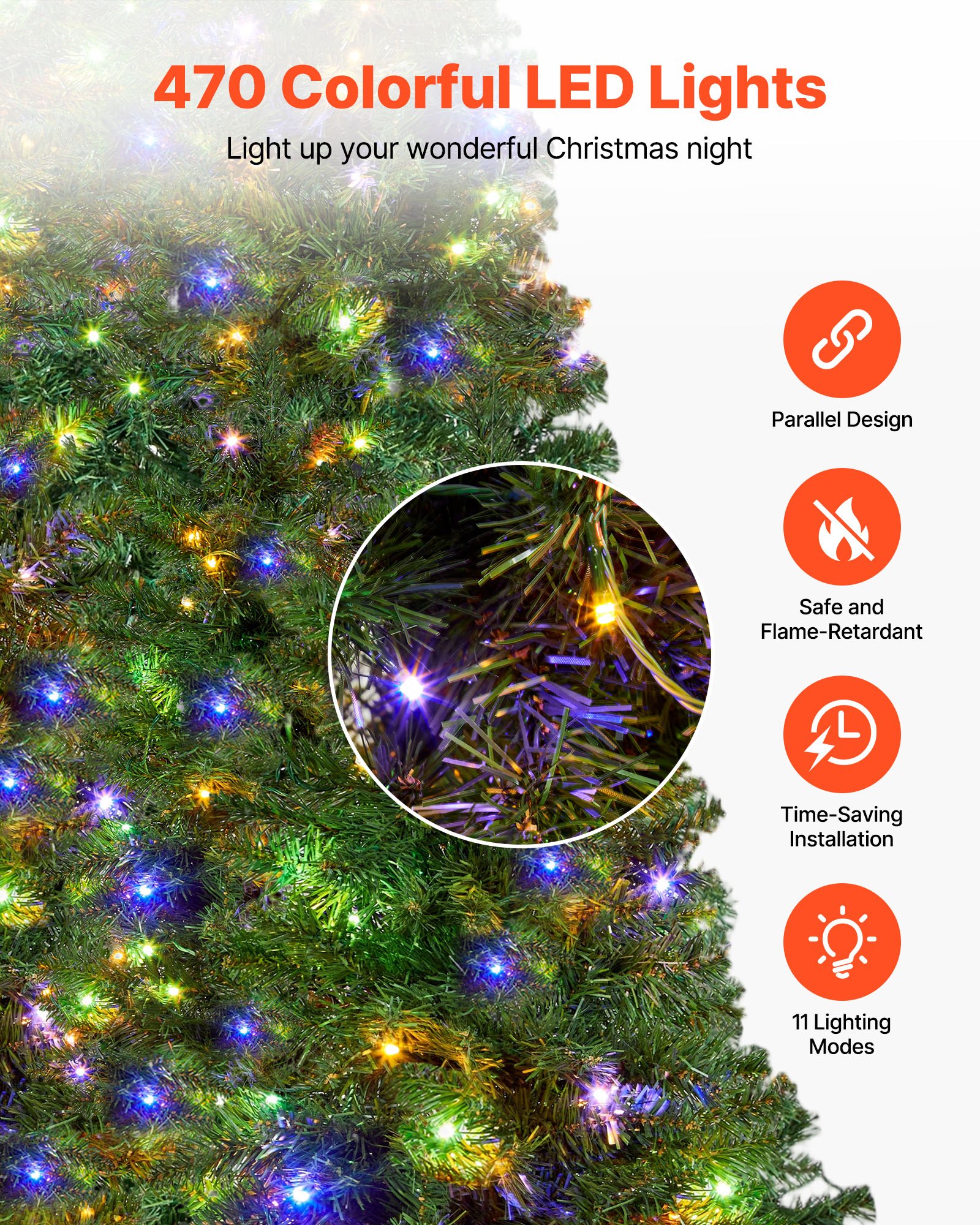 VEVOR Christmas Tree, 7.2ft Prelit Artificial Xmas Tree, Full Holiday Decor Trees with 470 Colorful LED Lights, 11 Lighting Modes, 1346 Branch Tips & Sturdy Metal Base for Home Party Office Decoration