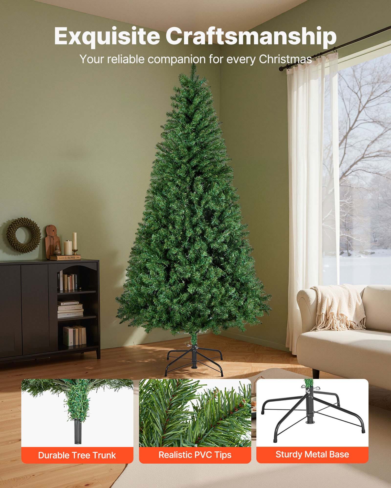 VEVOR Christmas Tree, 7.2ft Prelit Artificial Xmas Tree, Full Holiday Decor Trees with 470 Colorful LED Lights, 11 Lighting Modes, 1346 Branch Tips & Sturdy Metal Base for Home Party Office Decoration
