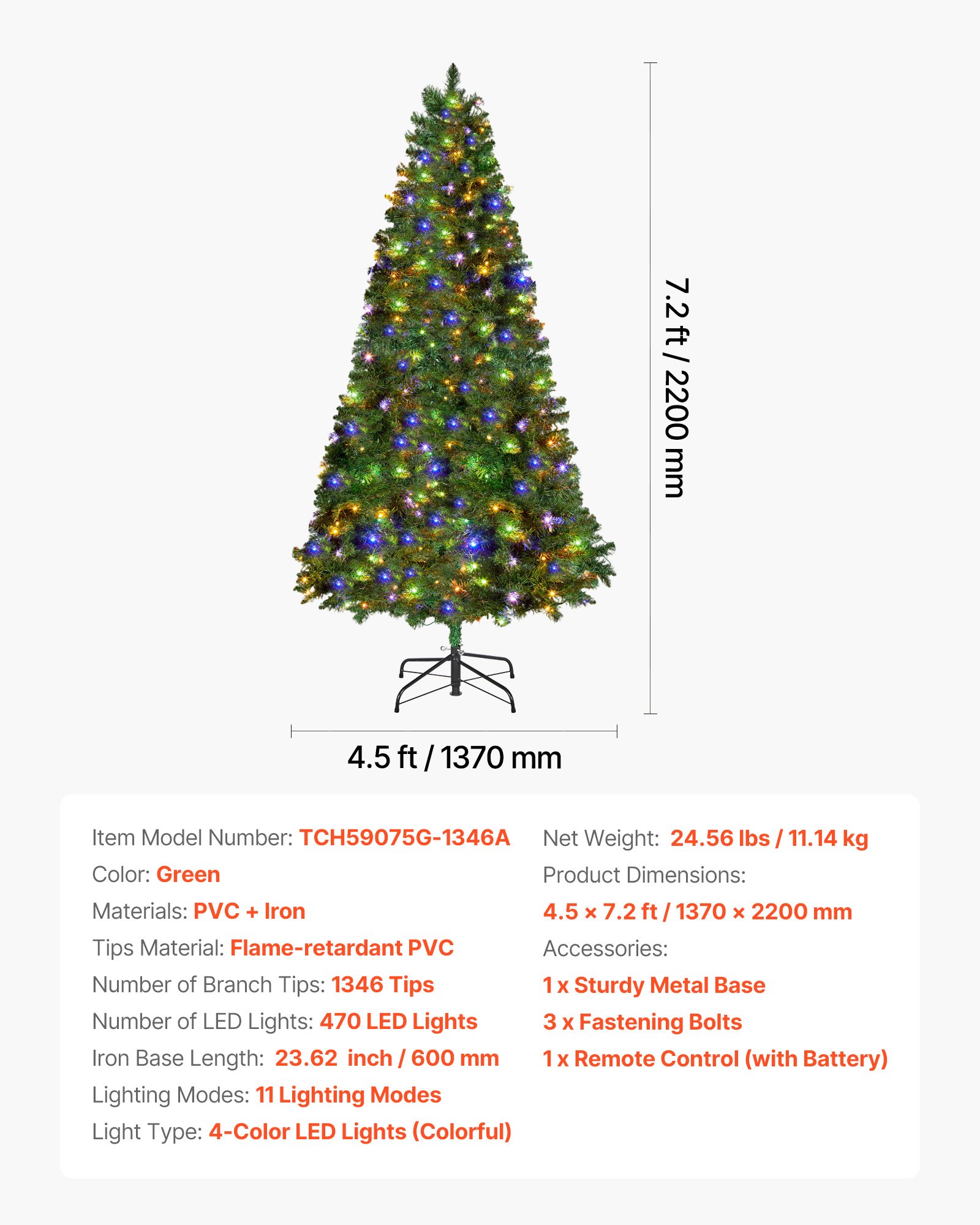 VEVOR Christmas Tree, 7.2ft Prelit Artificial Xmas Tree, Full Holiday Decor Trees with 470 Colorful LED Lights, 11 Lighting Modes, 1346 Branch Tips & Sturdy Metal Base for Home Party Office Decoration