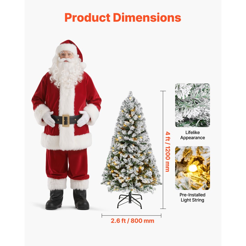 VEVOR Christmas Tree, 4ft Prelit Flocked Artificial Tree, Full Holiday Xmas Deco Trees with 120 Warm White LED Lights, 8 Lighting Modes & 539 Branch Tips for Home Party Office Decoration