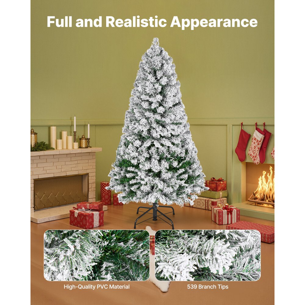 VEVOR Christmas Tree, 4ft Prelit Flocked Artificial Tree, Full Holiday Xmas Deco Trees with 120 Warm White LED Lights, 8 Lighting Modes & 539 Branch Tips for Home Party Office Decoration