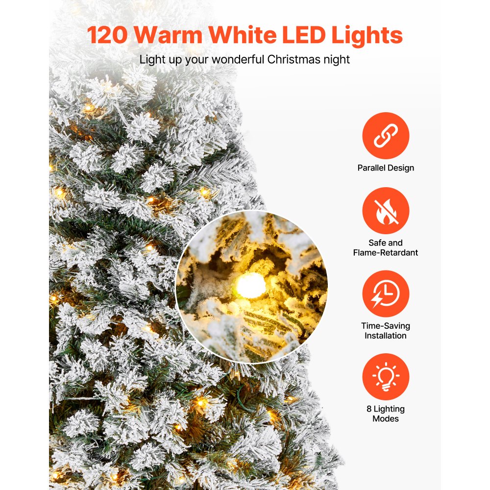 VEVOR Christmas Tree, 4ft Prelit Flocked Artificial Tree, Full Holiday Xmas Deco Trees with 120 Warm White LED Lights, 8 Lighting Modes & 539 Branch Tips for Home Party Office Decoration
