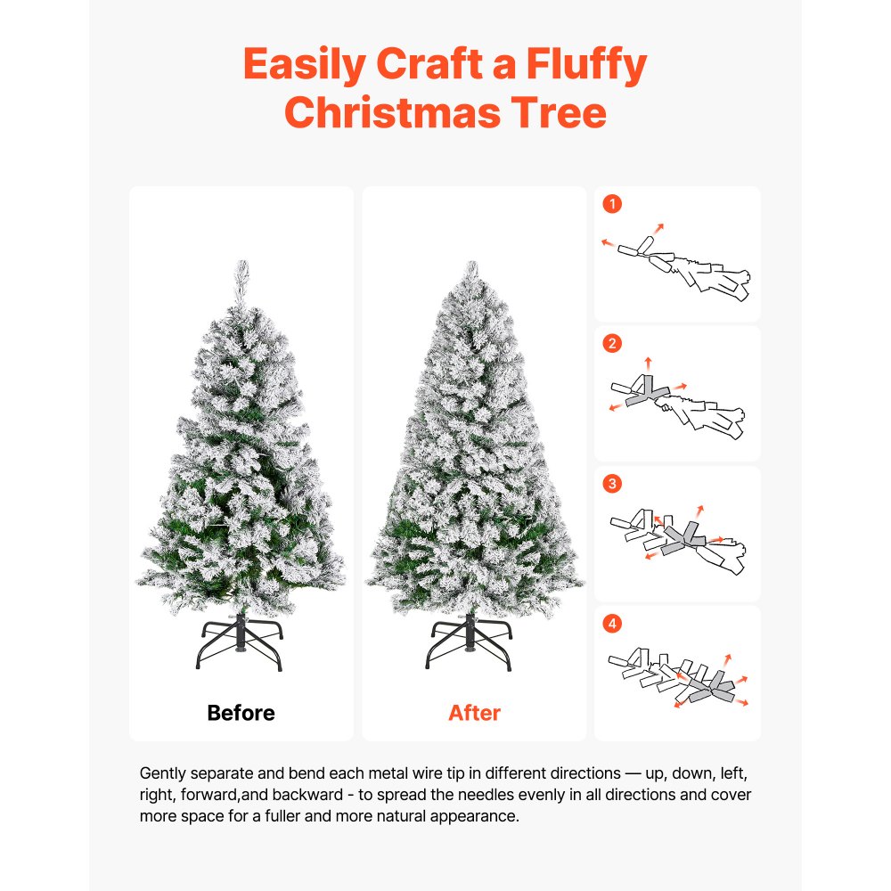 VEVOR Christmas Tree, 4ft Prelit Flocked Artificial Tree, Full Holiday Xmas Deco Trees with 120 Warm White LED Lights, 8 Lighting Modes & 539 Branch Tips for Home Party Office Decoration