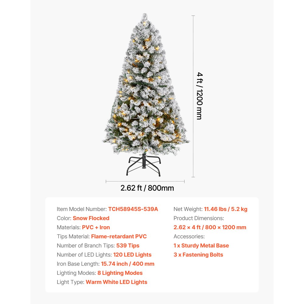 VEVOR Christmas Tree, 4ft Prelit Flocked Artificial Tree, Full Holiday Xmas Deco Trees with 120 Warm White LED Lights, 8 Lighting Modes & 539 Branch Tips for Home Party Office Decoration