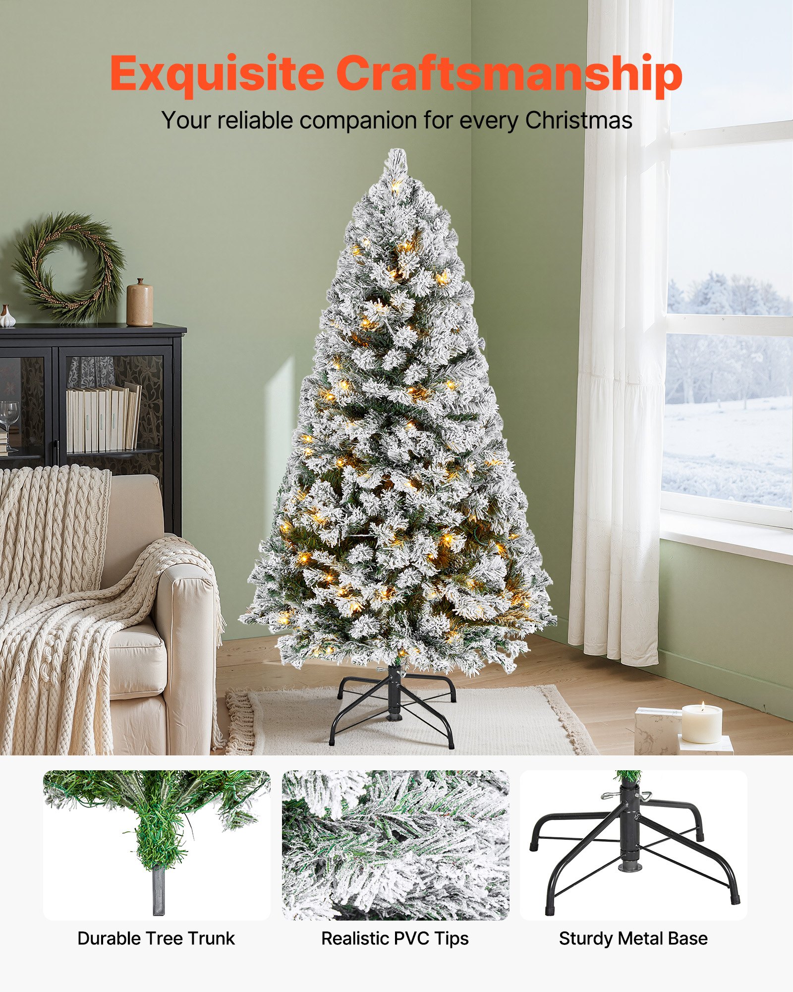VEVOR Christmas Tree, 4ft Prelit Flocked Artificial Tree, Full Holiday Xmas Deco Trees with 120 Warm White LED Lights, 8 Lighting Modes & 539 Branch Tips for Home Party Office Decoration