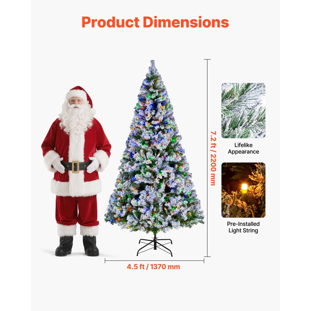 VEVOR Christmas Tree, 7.2ft Prelit Flocked Artificial Tree, Full Holiday Xmas Deco Trees with 470 Colorful LED Lights, 11 Lighting Modes & 1346 Branch Tips for Home Party Office Decoration